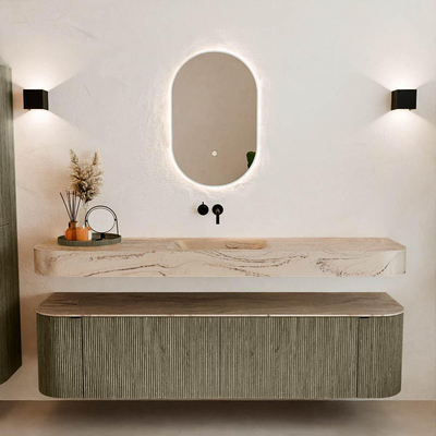 MONDIAZ THOR-DLUX Meuble de salle de bains - 180cm - arrondi gauche + droite - couleur Shadow - 2 tiroirs - 2 portes - Vasque suspendue CLOUD Milieu sans trou de robinet - couleur Arena