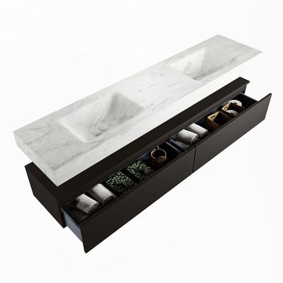 Mondiaz ALAN-DLUX Ensemble de meuble - 200cm - meuble Urban mat - 2 tiroirs - Lavabo Cloud Opalo suspendu - vasque Gauche et droite - 0 trous de robinet