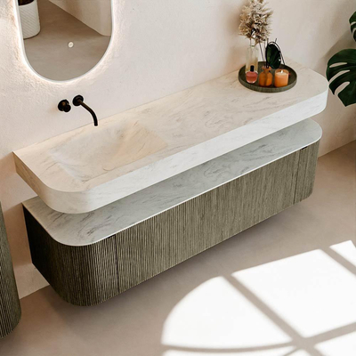 MONDIAZ THOR-DLUX 170cm meuble de salle de bains arrondi gauche + droite couleur Shadow avec 1 tiroir et 2 portes. Vasque suspendue CLOUD Gauche sans trou de robinet couleur Opalo.