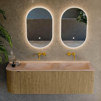 MONDIAZ KURVE-DLUX Meuble de salle de bains 145cm arrondi à gauche couleur Dusk avec 1 tiroir et 1 porte. Lavabo LEAF Double / Droite sans trou de robinet Saba.