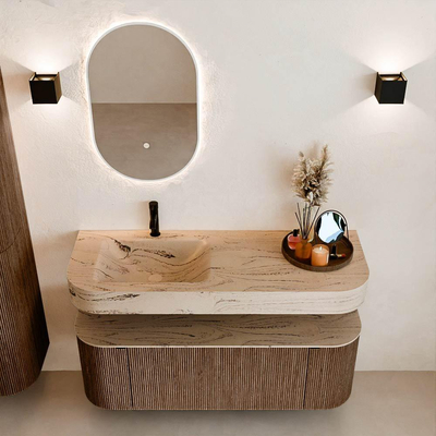 MONDIAZ THOR-DLUX 130cm badmeubel ronding links + rechts kleur Walnut met 1 lade en 2 deuren. Vrijhangende wastafel CLOUD Links 1 kraangat kleur Arena.