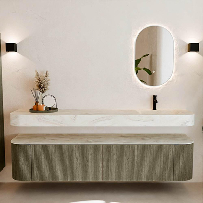 MONDIAZ THOR-DLUX Meuble de salle de bains - 200cm - arrondi gauche + droite - couleur Shadow - 2 tiroirs - 2 portes - Vasque suspendue CLOUD droite 1 trou de robinet couleur Ostra