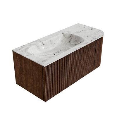 MONDIAZ KURVE-DLUX meuble de salle de bains 105cm avec module 25 R couleur Walnut avec 1 tiroir et 1 porte. Vasque BIG SMALL gauche sans trou de robinet couleur Glace.