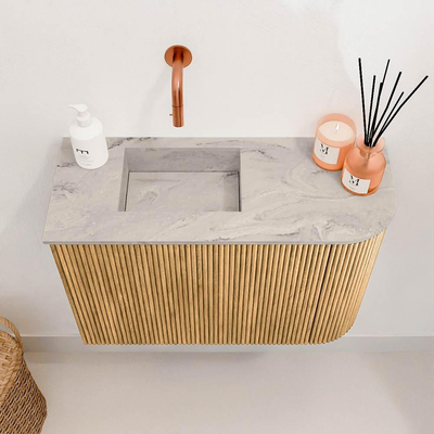 Mondiaz JOYA-DLUX 61.6cm toiletmeubel - ronding rechts kleur Oak - Wastafel FAYE positie Links Zonder kraangat kleur Glace.