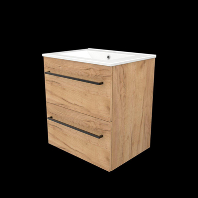 Basic-Line Start 46 ensemble de meubles de salle de bain 60x46cm avec poignées 2 tiroirs lavabo en porcelaine 1 trou pour robinet mfc whisky oak