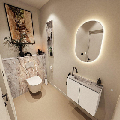 MONDIAZ TURE-DLUX Meuble de toilettes 60 cm Talc. Lavabo EDEN Glace position gauche. Avec 1 trou de robinet.