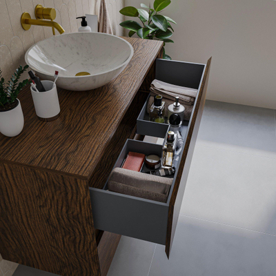 Saniclass Holz Pure Ensemble de meuble de salle de bains - 100x45x62cm - Lavabo Vygo en céramique - 1 vasque - 1 trou de robinetterie - avec trop-plein - 2 tiroirs - walnut pure mat (bois)
