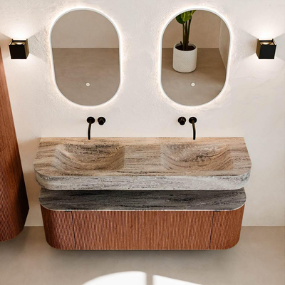 MONDIAZ THOR-DLUX 150cm meuble de salle de bains arrondi gauche + droite couleur Ruby avec 1 tiroir et 2 portes. Vasque suspendue CLOUD Double sans trou de robinet couleur Oza.