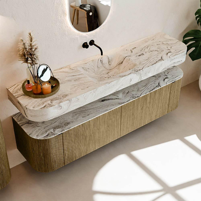 MONDIAZ THOR-DLUX 180cm meuble de salle de bains arrondi gauche + droite couleur Dusk avec 2 tiroirs et 2 portes. Vasque suspendue CLOUD Milieu sans trou de robinet couleur Glace.