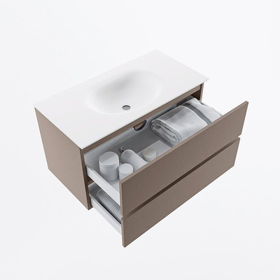 Mondiaz VICA Ensemble de meuble de salle de bain - 90cm - meuble sous-vasque fumée - 2 tiroirs - lavabo lune milieu - sans trous de robinet - version haute 60cm - talc