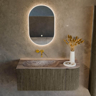 MONDIAZ KURVE-DLUX Meuble de salle de bains 105cm arrondi Droite couleur Shadow avec 1 tiroir et 1 porte. Vasque BIG SMALL Gauche sans trou de robinet Oza.