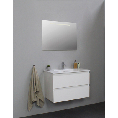 Adema Bella badmeubel met keramiek wastafel 1 kraangat met spiegel met licht 80x55x46cm Wit hoogglans
