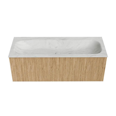 MONDIAZ KURVE-DLUX 120cm badmeubel kleur Oak met 1 lade. Wastafel BIG LARGE midden 2 kraangaten kleur Opalo.