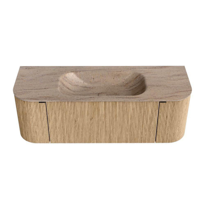 MONDIAZ KURVE-DLUX Meuble de salle de bains 130cm arrondi Gauche + Droite couleur Oak avec 1 tiroir et 2 portes. Lavabo BIG SMALL Central 1 trou de robinet Saba.