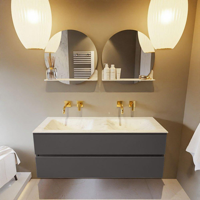 Mondiaz VICA-DLUX ensemble de meuble de salle de bain - 130cm - meuble sous-vasque gris foncé - 2 tiroirs - lavabo encastré cloud double - sans trous de robinet - version haute de 60cm - opalo