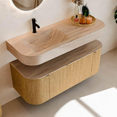 MONDIAZ THOR-DLUX 120cm meuble de salle de bains arrondi gauche + droite couleur Oak avec 1 tiroir et 2 portes. Vasque suspendue CLOUD Gauche 1 trou de robinet couleur Saba.