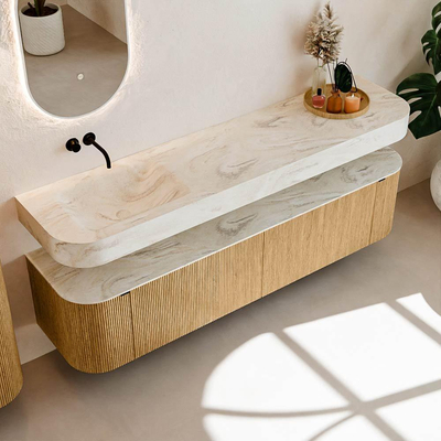 MONDIAZ THOR-DLUX Meuble de salle de bains 190cm arrondi gauche + droite couleur Oak avec 2 tiroirs et 2 portes. Vasque suspendue CLOUD Gauche sans trou de robinet couleur Ostra.