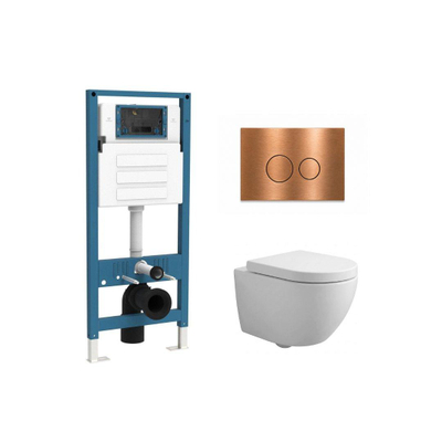 QeramiQ Dely Swirl Compact Ensemble WC - réservoir encastré QeramiQ flush - abattant 25 mm - plaque de commande métallique cuivre - boutons rectangulaires - blanc mat