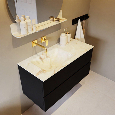 MONDIAZ VICA-DLUX Ensemble meuble de salle de bains - 100cm - meuble bas Urban - 2 tiroirs - lavabo encastré Cloud gauche - sans trous de robinet - version haute 60cm - Frappe