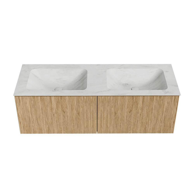 MONDIAZ KURVE-DLUX 130cm Meuble salle de bain - couleur Oak - 2 tiroirs - vasque LEAF double - sans trou de robinet - couleur Opalo