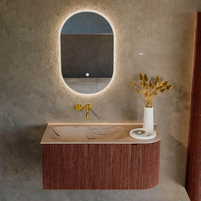 MONDIAZ KURVE-DLUX Meuble de salle de bains 95cm arrondi à droite couleur Ruby avec 1 tiroir et 1 porte. Lavabo BIG SMALL à gauche sans trou de robinet Arena.