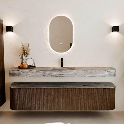 MONDIAZ THOR-DLUX Meuble de salle de bains 190cm arrondi gauche + droite couleur Walnut avec 2 tiroirs et 2 portes. Vasque suspendue CLOUD Milieu 1 trou de robinet couleur Sombra.