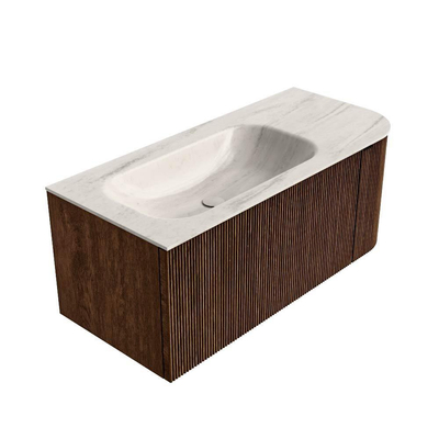 MONDIAZ KURVE-DLUX 105cm badmeubel ronding Rechts kleur Walnut met 1 lade en 1 deur. Wastafel BIG SMALL Links 1 kraangat Meli.