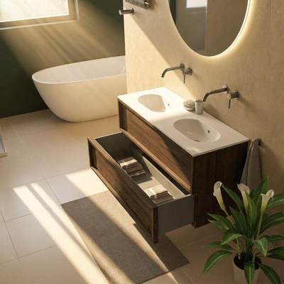 Saniclass Holz Frame Ensemble meuble de salle de bains - 120x45x74cm - lavabo Chaci en céramique blanc - 2 vasques - sans trous de robinetterie - 2 tiroirs - chêne charcoal mat (bois)