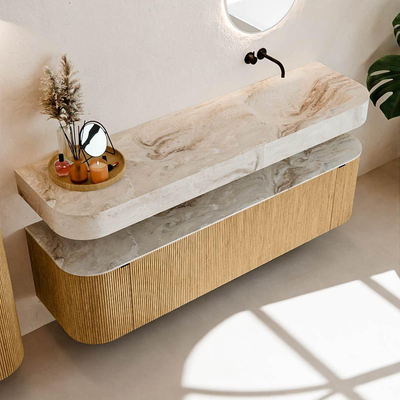 MONDIAZ THOR-DLUX 170cm badmeubel ronding links + rechts kleur Oak met 1 lade en 2 deuren. Vrijhangende wastafel CLOUD Rechts zonder kraangat kleur Frappe.