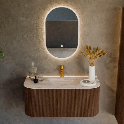 MONDIAZ KURVE-DLUX Meuble de salle de bains 100cm arrondi Gauche + Droite couleur Walnut avec 1 tiroir et 2 portes. Lavabo GRUNNE Central 1 trou de robinet Nata.
