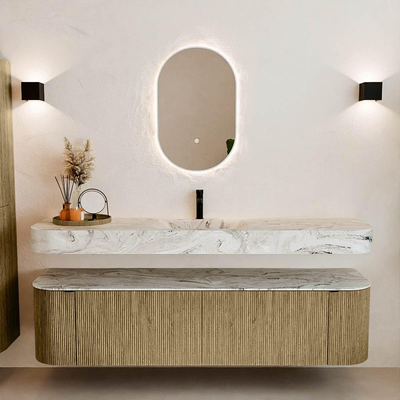 MONDIAZ THOR-DLUX Meuble de salle de bains - 180cm - arrondi gauche + droite - couleur Dusk - 2 tiroirs et 2 portes - Vasque suspendue CLOUD Milieu 1 trou de robinet - couleur Glace