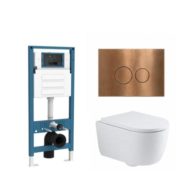 QeramiQ Dely Swirl Ensemble de toilette - réservoir encastré QeramiQ Flush - abattant 35mm - plaque de commande en métal cuivre - boutons ronds - blanc brillant