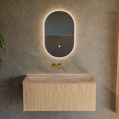 MONDIAZ KURVE-DLUX Meuble de salle de bains 100cm couleur Chêne avec 1 tiroir et 0 porte. Lavabo BIG MEDIUM Centre sans trou de robinet Saba.