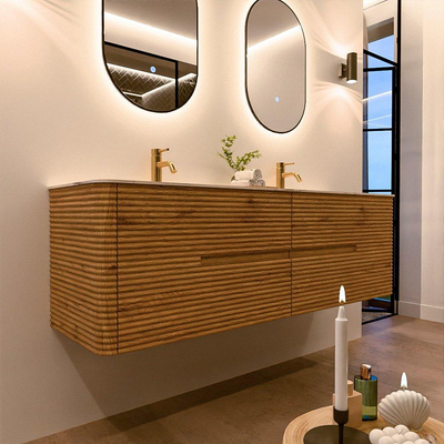 Mondiaz CIRO-DLUX Badkamermeubelset - 160x45x50cm - Solid surface wastafel Nata - 2 wasbak Dubbel - 2 kraangaten - 4 lades - Oak