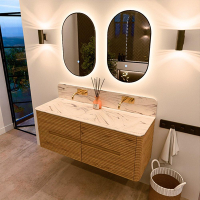 Mondiaz CIRO-DLUX Meuble de salle de bains - 130x45x50cm - Plan-vasque solid surface Nata - 2 vasques Double - sans trous de robinetterie - 4 tiroirs - Chêne