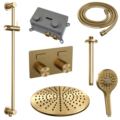 BRAUER Gold Carving Douche de pluie thermostatique encastrée - boutons-poussoirs - SET 72 - pomme de douche 30cm - bras de plafond - douchette 3 jets - flexible de douche - barre de douche intégrée - or brossé PVD