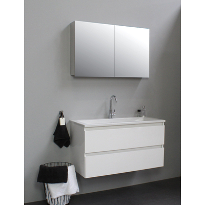 Basic Bella Meuble avec lavabo acrylique 1 trou de robinet 100x55x46cm avec armoire toilette à 2 portes gris Blanc brillant