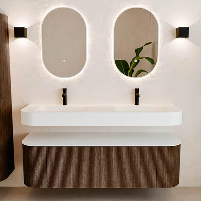 MONDIAZ THOR 150cm meuble de salle de bains arrondi gauche + droite couleur Walnut avec 1 tiroir et 2 portes. Vasque suspendue CLOUD Double 2 trous de robinet couleur Talc.