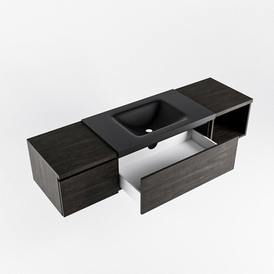 MONDIAZ BUKLA 160cm ensemble de meuble avec module ouvert 40 à droite couleur Marron Foncé avec 2 tiroirs. Lavabo CLOUD centre 1 trou de robinet couleur Urban.