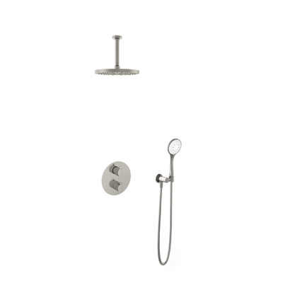 Hotbath Buddy Ensemble de douche de pluie IBS - bras de plafond 15 cm - pomme de douche ronde 25 cm - douchette 3 jets - nickel brossé