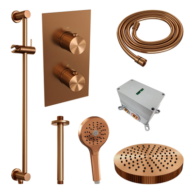 BRAUER Stripe Thermostatische Inbouw Regendouche - 3-weg - rechthoekig - 25cm douchekop - plafondarm - 3-standen handdouche - doucheslang - geïntegreerde glijstang - koper geborsteld PVD