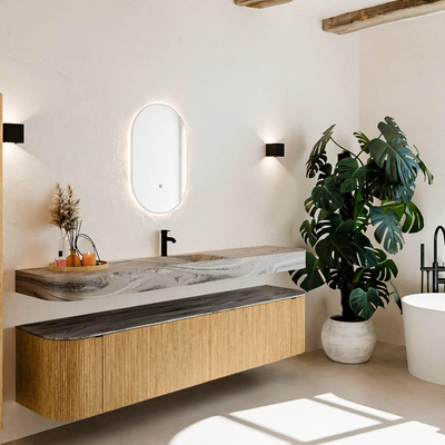 MONDIAZ THOR-DLUX Meuble de salle de bains 200cm arrondi gauche + droite couleur Oak avec 2 tiroirs et 2 portes. Vasque suspendue CLOUD Milieu 1 trou de robinet couleur Sombra.