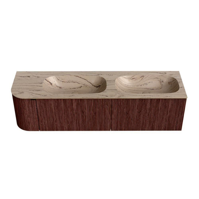 MONDIAZ KURVE-DLUX 165cm meuble de salle de bains arrondi à gauche couleur Ruby avec 2 tiroirs et 1 porte. Lavabo STOR SMALL Double / à droite sans trou de robinet Arena.