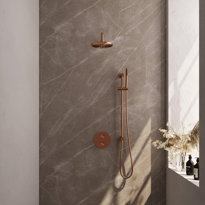 BRAUER Copper Edition douche thermostatique encastrée - 3 voies - rond - ensemble 87 - douche principale de 20 cm - bras mural courbé - douchette à main - flexible de douche - barre de douche intégrée - cuivre brossé PVD