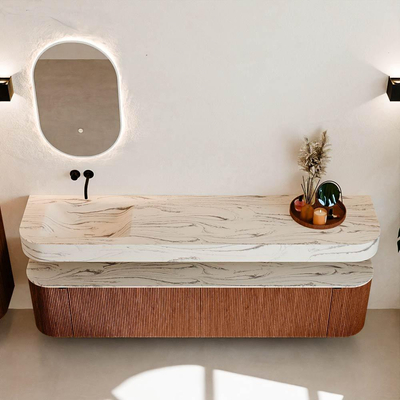 MONDIAZ THOR-DLUX 200cm meuble de salle de bains arrondi gauche + droite couleur Ruby avec 2 tiroirs et 2 portes. Vasque suspendue CLOUD Gauche sans trou de robinet couleur Nata.