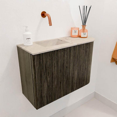 Mondiaz JOYA-DLUX 61.6cm toiletmeubel - ronding rechts kleur Shadow - Wastafel FAYE positie Links Zonder kraangat kleur Frappe.