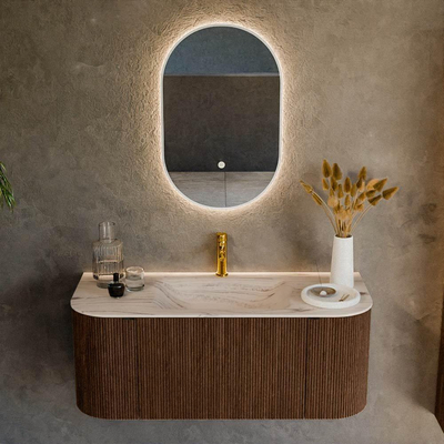 MONDIAZ KURVE-DLUX 110cm badmeubel ronding Links + Rechts kleur Walnut met 1 lade en 2 deuren. Wastafel CLOUD Midden 1 kraangat Nata.