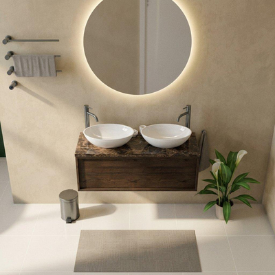 Saniclass Holz Frame Ensemble meuble de salle de bains - 120x45x43cm - Plan de toilette en pierre naturelle Noche dark emperador - 2 trous de robinetterie - 1 tiroir - chêne charcoal mat (bois)