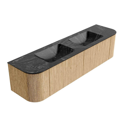 MONDIAZ KURVE-DLUX 180cm Meuble salle de bain avec module 25 G et D - couleur Oak - 2 tiroirs - 2 portes - vasque LEAF double - 2 trous de robinet - couleur Lava