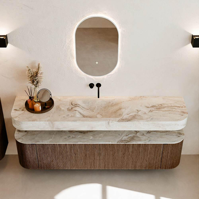 MONDIAZ THOR-DLUX Meuble de salle de bains - 190cm - arrondi gauche + droite - couleur Walnut - 2 tiroirs - 2 portes - Vasque suspendue CLOUD Centre sans trou de robinet - couleur Frappe